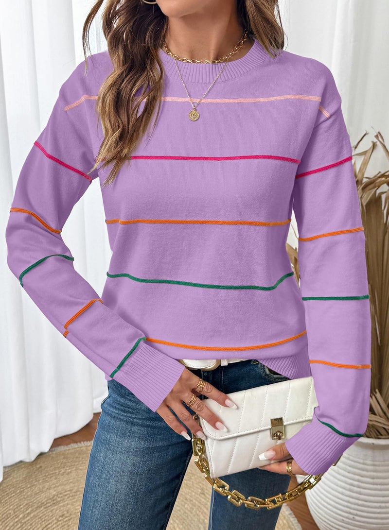 Shein SHEWIN Fall Tops for Women 2025 Casual Crewneck Sweaters for Women Lightweight Womens Tops Long Sleeve Striped Sweater Womens Fall Fashion 2025 Wisteria X-Large - Image 3