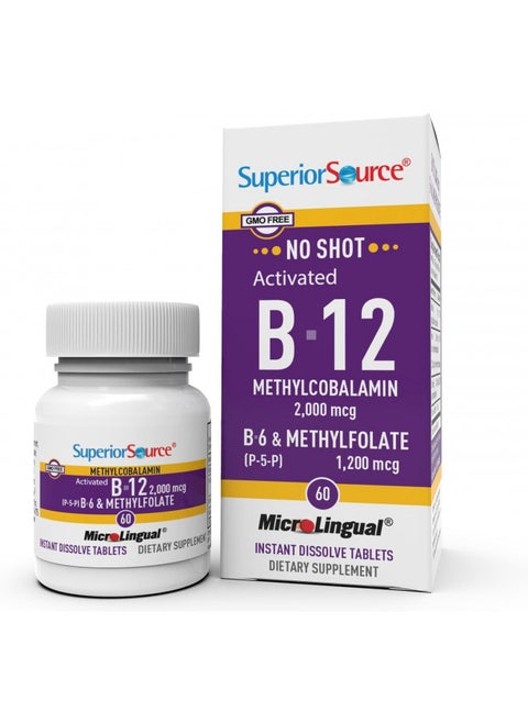 Superior Source No Shot Vitamin B12 Methylcobalamin (2000 mcg), Methylfolate, B6 (P-5-P), Quick Dissolve MicroLingual, 60 Ct, Cognitive Health, Increase Energy, Healthy Heart, Non-GMO
