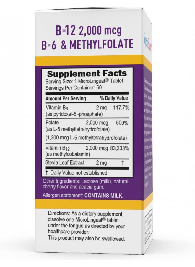 Superior Source Superior Source No Shot Vitamin B12 Methylcobalamin (2000 mcg), Methylfolate, B6 (P-5-P), Quick Dissolve MicroLingual, 60 Ct, Cognitive Health, Increase Energy, Healthy Heart, Non-GMO  - Image 4