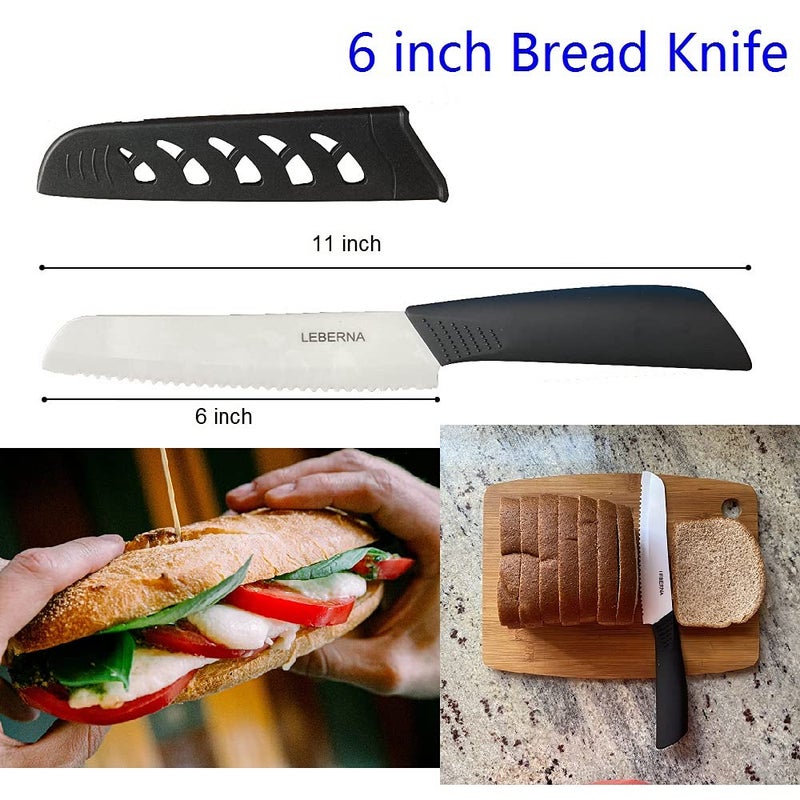 Leberna Ceramic Knife Set Ceramic Knives Set for Kitchen Ceramic Kitchen Knives Colored w Sheath 6" Bread Knife 6" Chef Knife 5" Utility Knife 4" Fruit Knife 3" Paring Knife 1 Peeler Colorful Rust Free Proof - Image 5