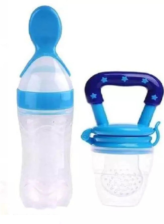 Fancy steps Silicone Food/Fruit Nibbler with Extra Mesh, Soft Pacifier/Feeder, Teether for Infant Baby Silicone Easy Squeezy Baby Food Feeder, 4M+, 90ml (SpnBottle_TeetherFruit_Blue) Pack of 2 - Image 1