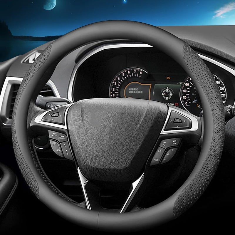 HAOTULE Nappa Leather Slim and Stylish Steering Wheel Cover, for Ford Steering Wheel Cover Accessories Interior Modification, Black - Image 2