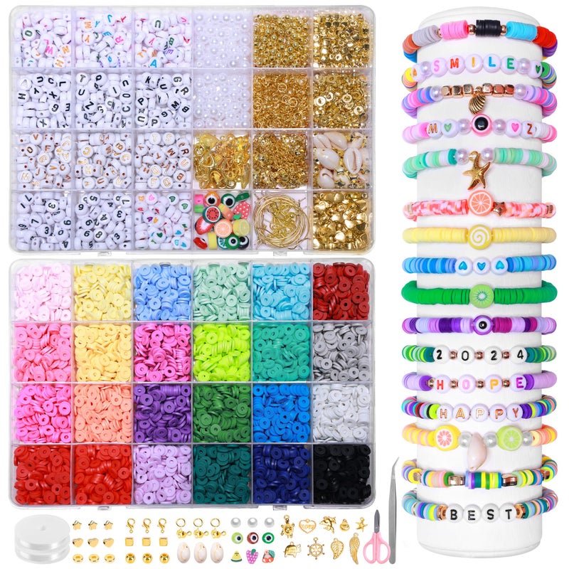 Tilhumt Clay Beads, 6700Pcs Polymer Clay Bead Bracelet Kit in 24 Colors, 2 Boxes Friendship Bracelet Kit Flat Polymer Heishi Beads with Charms for Jewelry Making, Crafts Gift - Image 2