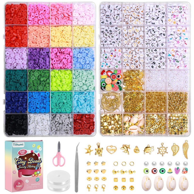 Tilhumt Clay Beads, 6700Pcs Polymer Clay Bead Bracelet Kit in 24 Colors, 2 Boxes Friendship Bracelet Kit Flat Polymer Heishi Beads with Charms for Jewelry Making, Crafts Gift - Image 1