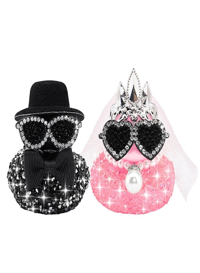 wonuu Mini Sparkly Diamond-Studded Wedding Rubber Duck, Groom Bride Couple Duckies Set Bling Rhinestones Ducky, Three-Pointed Crown - Image 1