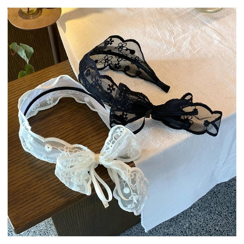 1PC Lace Bow Headbands Set, Black And White Elegant Hair Hoops, Sweet Accessories(Black) - Image 3