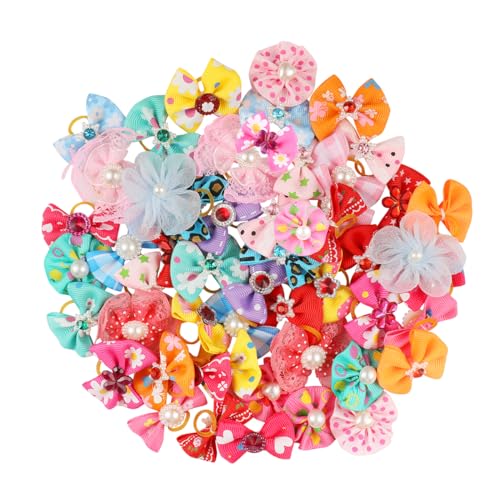 POPETPOP 50pcs Dog Bows with Rubber Bands-Pet Cat Dog Hair Bows Multicolor Rhinestone Beads Flowers Topknot Puppy Bows(Random Mixed Color) - Image 1