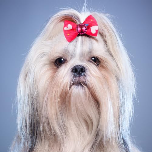 POPETPOP 50pcs Dog Bows with Rubber Bands-Pet Cat Dog Hair Bows Multicolor Rhinestone Beads Flowers Topknot Puppy Bows(Random Mixed Color) - Image 2