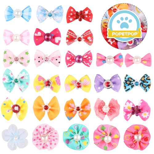 POPETPOP 50pcs Dog Bows with Rubber Bands-Pet Cat Dog Hair Bows Multicolor Rhinestone Beads Flowers Topknot Puppy Bows(Random Mixed Color) - Image 5