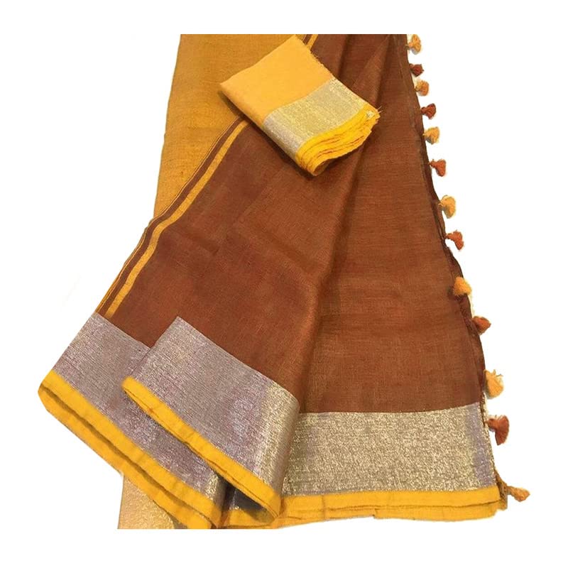 SheenKraft Handloom Women's Bhagalpuri Linen Slub Blend Saree with Contrast Blouse Piece_Free Size_Color Variaton 11685_Silver - Brown - Yellow - Image 2