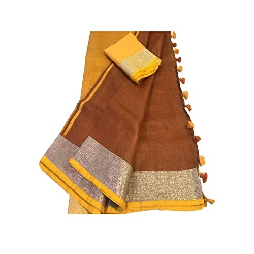 SheenKraft Handloom Women's Bhagalpuri Linen Slub Blend Saree with Contrast Blouse Piece_Free Size_Color Variaton 11685_Silver - Brown - Yellow - Image 1