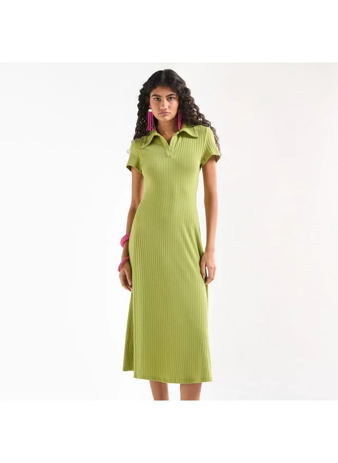 FAV Ribbed Midi T-shirt Dress with Collar and Short Sleeves