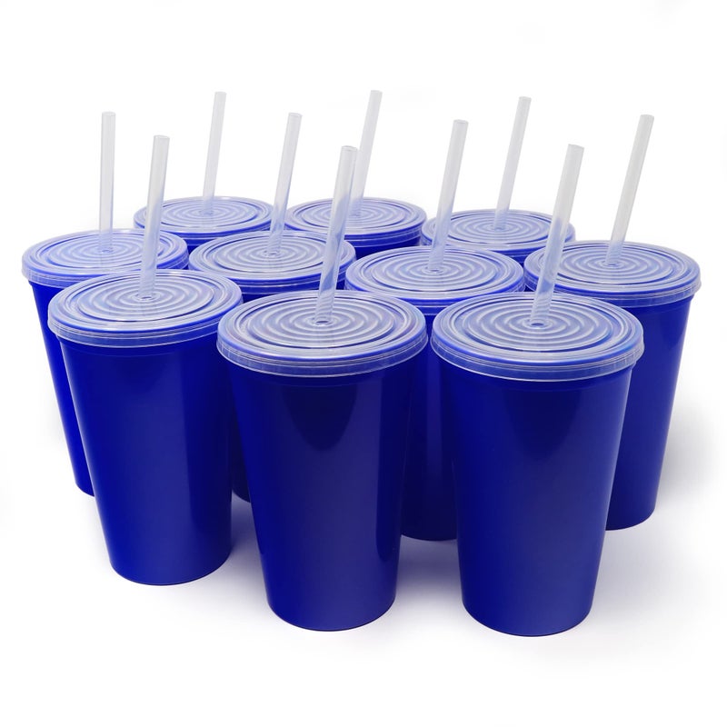 Rolling Sands 22 oz Reusable Plastic Cups with Lids 10 Pack USA Made Blue Tumblers Includes 10 Reusable Straws Dishwasher Safe