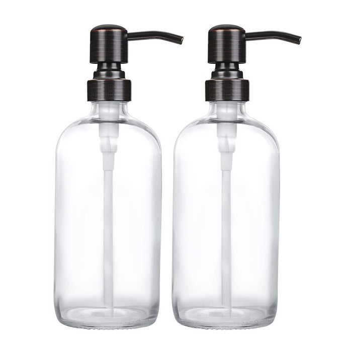 2 PACK THICK CLEAR GLASS BOSTON ROUND BOTTLES OIL RUBBED BRONZE STAINLESS STEEL PUMPS 16 OUNCE JAR SOAP DISPENSER WITH RUSTPROOF PUMP FOR ESSENTIAL OIL LIQUID SOAP