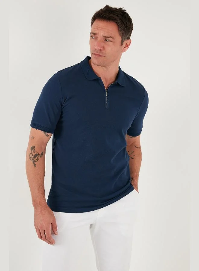 بوراتي تيشيرت بولو رجالي قطن بياقة سحاب نصفي مقاس عادي