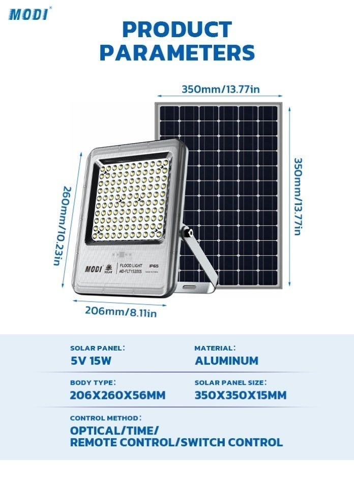MODI Solar Flood Light Outdoor With 15W Solar Panel, 6500K SMD LED Security Lamp, Remote Timer Control, Aluminum Body, 12 Hour Working, IP65, For Garden Yard Wall - Image 3