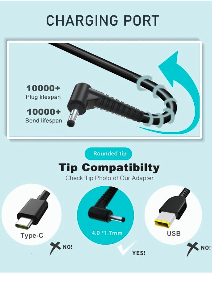 Generic - Laptop Charger for Lenovo Ideapad 100 110 110S 120 120S 310 320 320S 330 330S 510 520 530S S130 S340 S540 Yoga 310 510 520 530 Flex 4/5/6, AC Adapter with Power Cord (4.0x1.7mm), Black - Image 1
