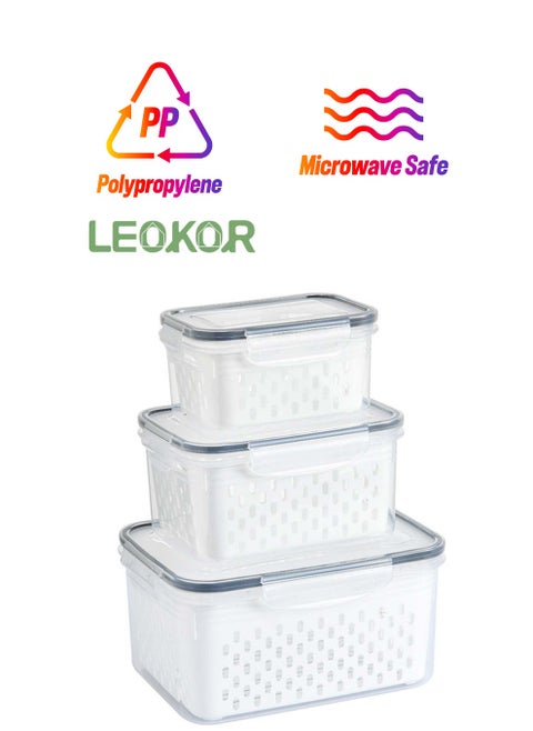 3 Pack Fruit Storage Containers for Fridge with Removable Colanders, Airtight Produce Vegetable Berry Containers for Fridge, All-In-One Food Storage Containers for Washing, Draining, Freshness