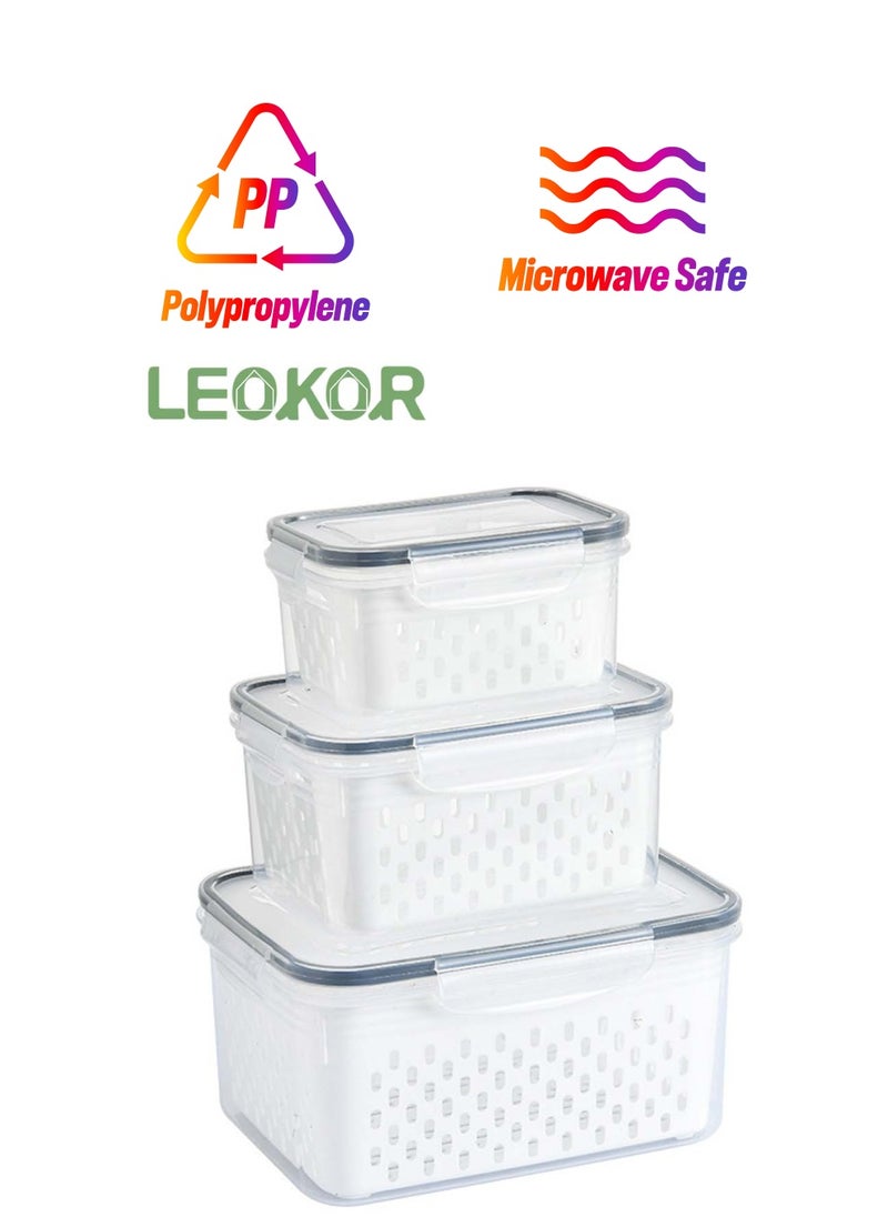 3 Pack Fruit Storage Containers for Fridge with Removable Colanders, Airtight Produce Vegetable Berry Containers for Fridge, All-In-One Food Storage Containers for Washing, Draining, Freshness