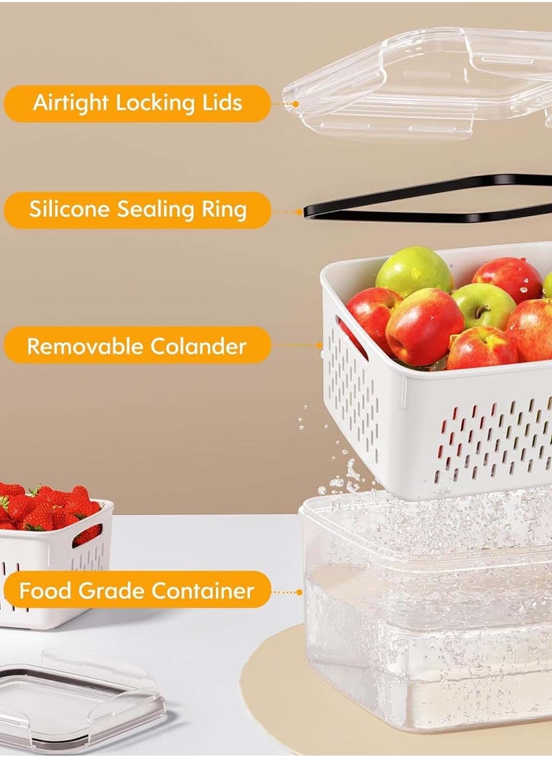 3 Pack Fruit Storage Containers for Fridge with Removable Colanders, Airtight Produce Vegetable Berry Containers for Fridge, All-In-One Food Storage Containers for Washing, Draining, Freshness