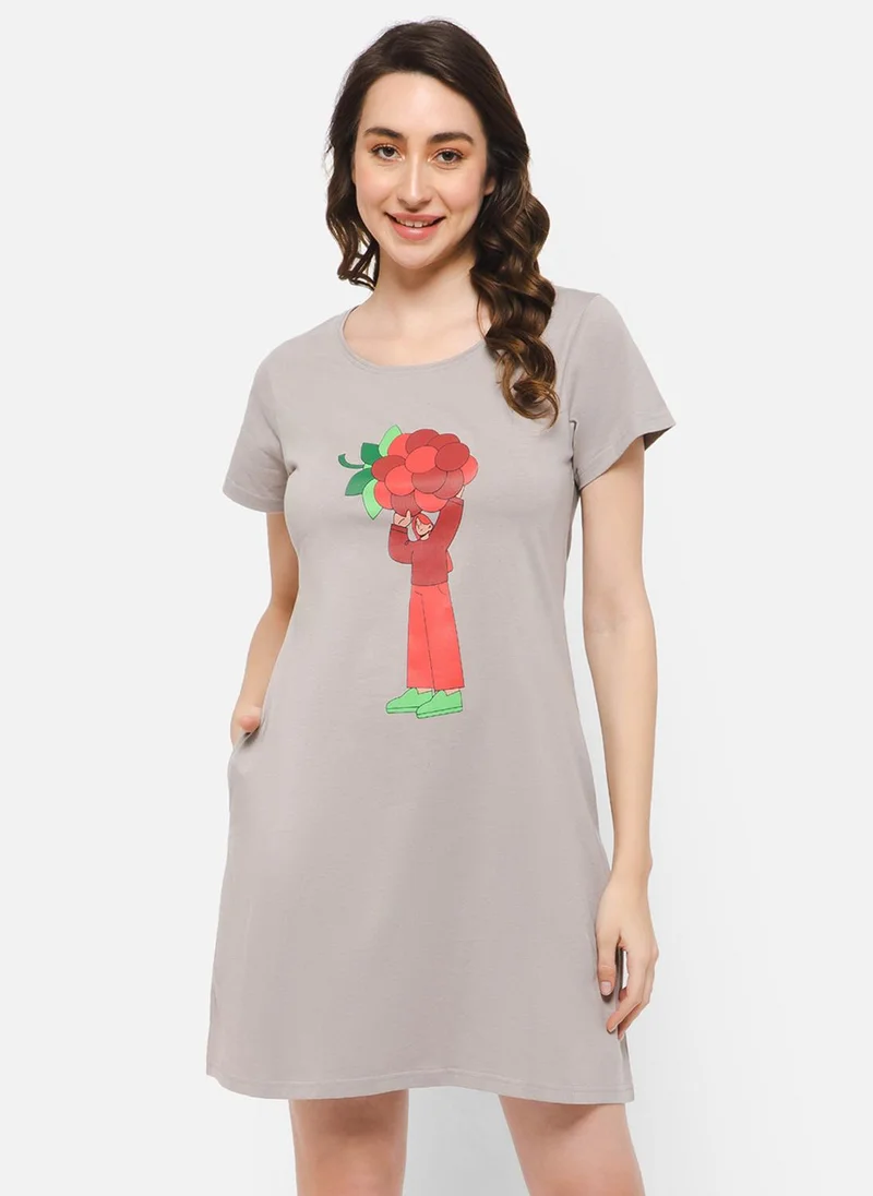 كلوفيا Clovia Tutti Fruity Short Night Dress in Taupe - 100% Cotton