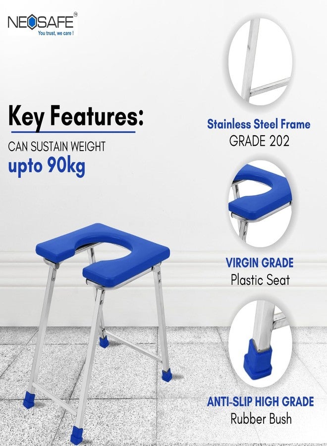 NEOSAFE Premium Stainless Steel Folding Elderly Disabled Man and Pregnant Woman Mobile Commode Stool with Toilet Seat for Shower and Bathing Room Comfortable Safe Toilet Stool (Blue) - Image 3