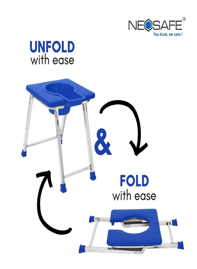 NEOSAFE Premium Stainless Steel Folding Elderly Disabled Man and Pregnant Woman Mobile Commode Stool with Toilet Seat for Shower and Bathing Room Comfortable Safe Toilet Stool (Blue) - Image 4