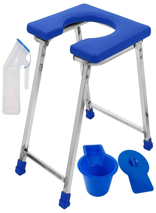 NEOSAFE Premium Stainless Steel Folding Elderly Disabled Man and Pregnant Woman Mobile Commode Stool with Toilet Seat for Shower and Bathing Room Comfortable Safe Toilet Stool (Blue) - Image 1