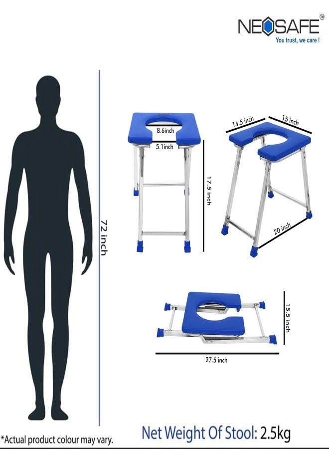 NEOSAFE Premium Stainless Steel Folding Elderly Disabled Man and Pregnant Woman Mobile Commode Stool with Toilet Seat for Shower and Bathing Room Comfortable Safe Toilet Stool (Blue) - Image 5