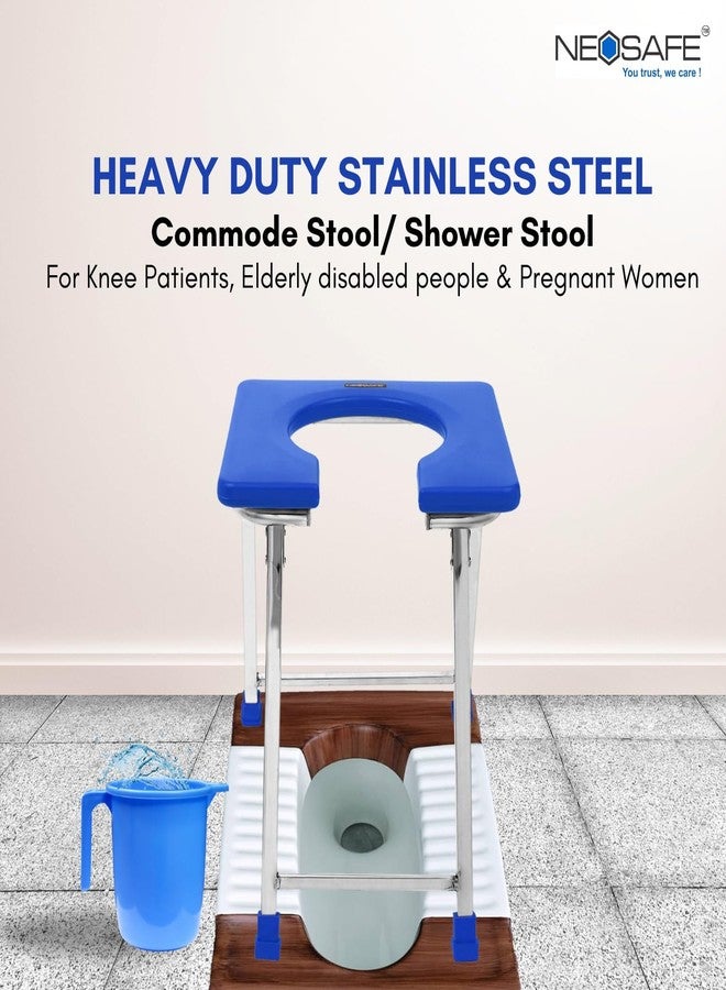 NEOSAFE Premium Stainless Steel Folding Elderly Disabled Man and Pregnant Woman Mobile Commode Stool with Toilet Seat for Shower and Bathing Room Comfortable Safe Toilet Stool (Blue) - Image 2