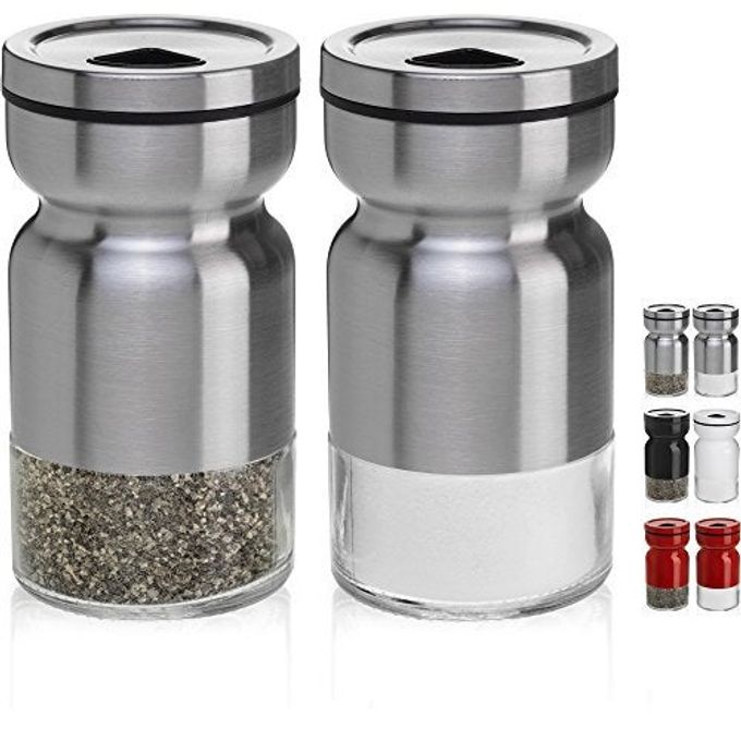 Salt and Pepper Shakers Set with Adjustable Pour Holes by CHEFVANTAGE - Stainless Steel