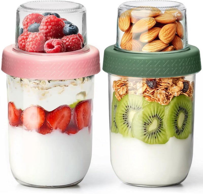 KTMAMA 16+4oz Glass Yogurt Parfait Cups with Lids, Reusable Containers with Dry & Wet Separation, Leak-Proof for Overnight Oats, Meal Prep, Portable to Work & School, Easy Clean 2 Pack (Pink+Green) - Image 1