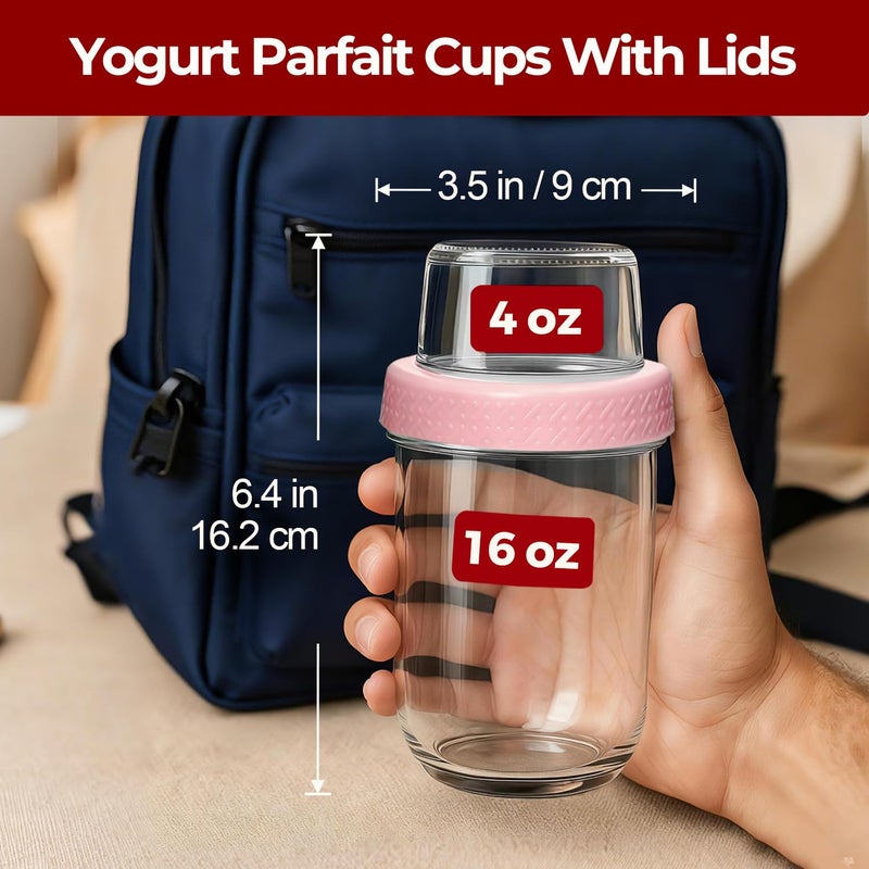 KTMAMA 16+4oz Glass Yogurt Parfait Cups with Lids, Reusable Containers with Dry & Wet Separation, Leak-Proof for Overnight Oats, Meal Prep, Portable to Work & School, Easy Clean 2 Pack (Pink+Green) - Image 2