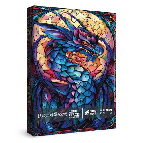 IdeaBazar Fantasy Dragon Puzzles for Adults 1000 Pieces Stained Glass Art Jigsaw Puzzles Blue Purple Darkness Western Dragon Puzzle - Image 1