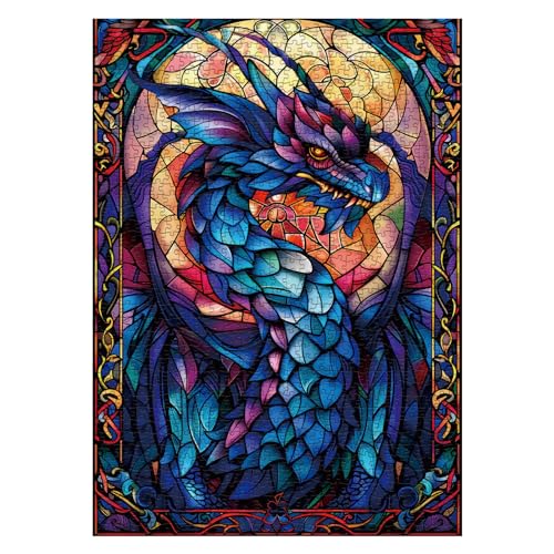 IdeaBazar Fantasy Dragon Puzzles for Adults 1000 Pieces Stained Glass Art Jigsaw Puzzles Blue Purple Darkness Western Dragon Puzzle - Image 5