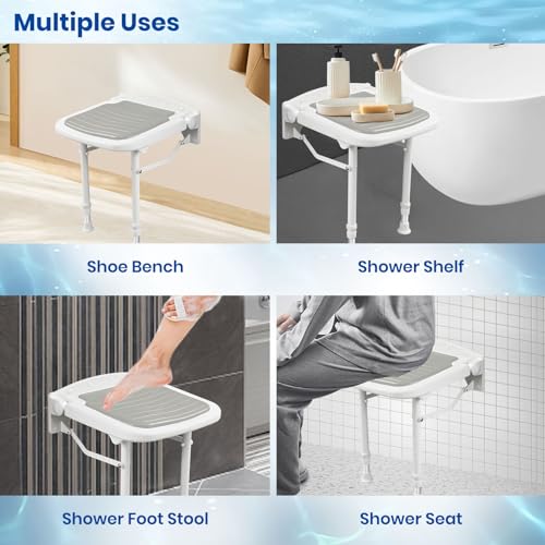 Caredear Wall Mounted Shower Seats Support 550lbs Adjustable Height Fold Down Shower Seat Wall Mounted Folding Shower Bench Wall Mounted for ElderlyAdultsPregnantsSeniorsDisabled - Image 5