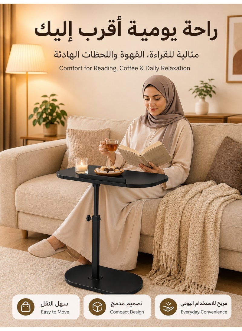 آه آه طاولة أريكة بذراعين، صينية تلفزيون، حامل سرير صغير، طاولات جانبية على شكل حرف C، سطح مكتب قابل للدوران 360 درجة، ويمكن تعديل ارتفاع الطاولة الجانبية للأريكة لتناسب المساحات الصغيرة، غرفة المعيشة، غرفة النوم، جانب السرير، لون أسود. - Image 5