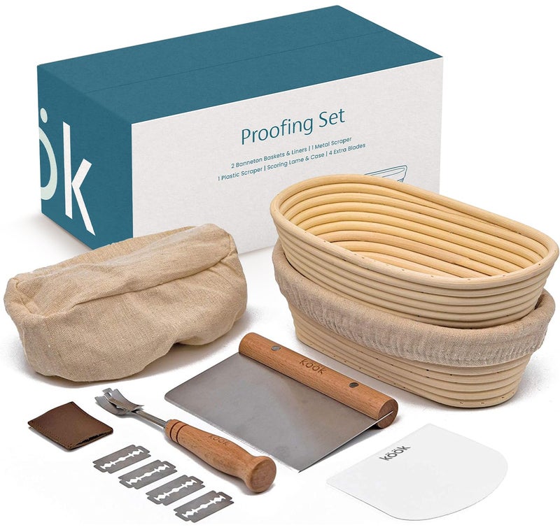 Kook Banneton Bread Proofing Set Artisan Sourdough Bread Making Kit 98 Inch Rattan Baskets and Liners Metal  Plastic Scrapers Scoring Lame  Case 4 Extra Blades Set of 2 Oval