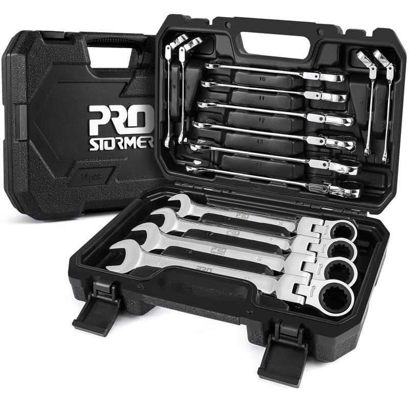 Prostormer 14-Piece Metric Flex-Head Ratcheting Wrench Set, 6-19mm Ratchet Combination Wrench Kit with Storage Case, 72 Tooth, Cr-V Steel Constructed - Image 1