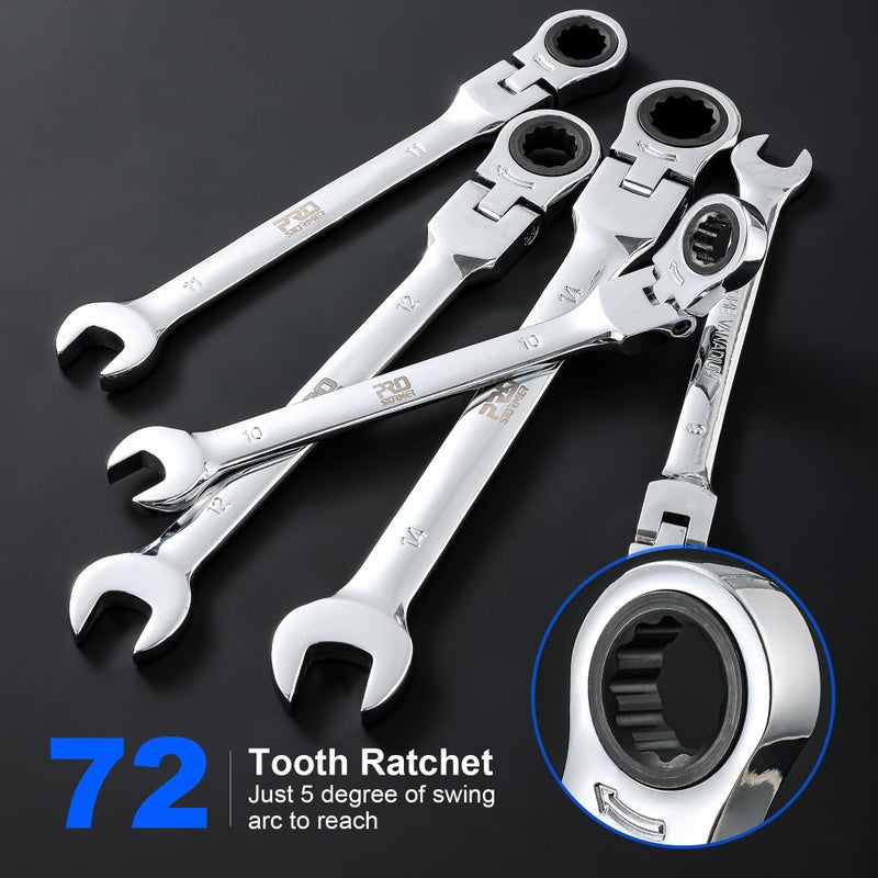 Prostormer 14-Piece Metric Flex-Head Ratcheting Wrench Set, 6-19mm Ratchet Combination Wrench Kit with Storage Case, 72 Tooth, Cr-V Steel Constructed - Image 5