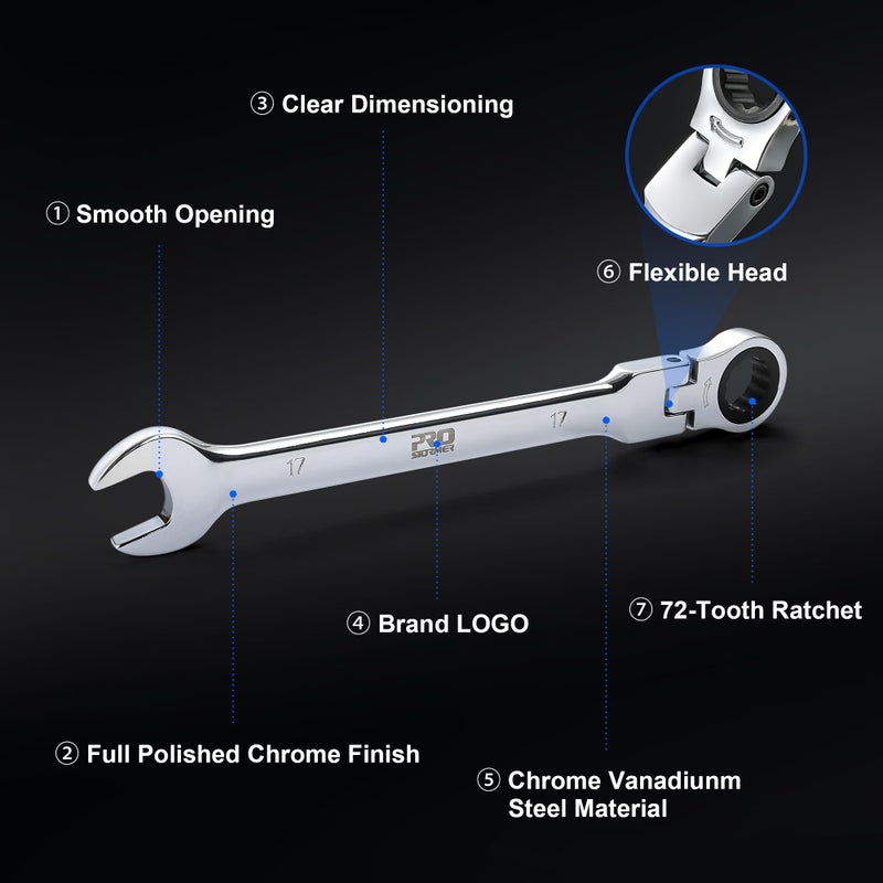 Prostormer 14-Piece Metric Flex-Head Ratcheting Wrench Set, 6-19mm Ratchet Combination Wrench Kit with Storage Case, 72 Tooth, Cr-V Steel Constructed - Image 3