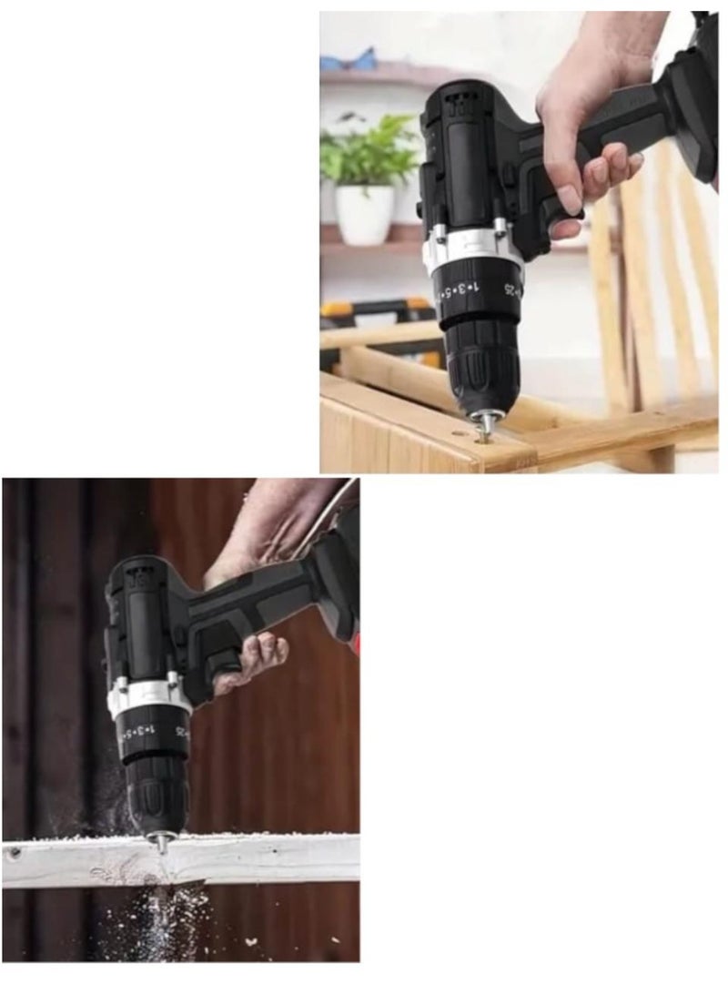 حقيبة بلاستيكية تحتوي على مجموعة طقم مثقاب اسود لا سلكي محمول مزود بمقبض مريح وناعمب يعمل بطارية ليثيوم أيون 48 فولت و محول شاحن بطارية ويأتي معه مجموعة شاملة من الملحقات عدد 24 قطعة متنوعة من ريش المثقاب ورؤوس المفكات و عمود مرن لون برتقالي للمناطق صعبة الوصول ايضا قابلية تغير سرعة دوران في المثقاب المرتفع يصل سرعة 1500 دورة في الدقيقة و المنخفض يصل الى 450 دورة في الدقيقة صوته منخفض و يحتوي على مصباح و إضاءة LED مدمجة لتحسين الرؤية في الأماكن المظلمة و رأس المثقاب لا يحتاج الي مفتاح خاص لتثبيت الريشة فقط لف يدوي هذه المثاقب مصمم للأعمال المنزلية والمشاريع التي تتطلب قابلية النقل مفيد في المنزل او فني الكهربائي او النجار وغيرها من الاعمال صغير و خفيف الوزن و منظم في حقيبة تخزين لسهولة الحمل والتنظيم ممكن ان تكون هدية مثالية لزوجك او لوالدك او لمن تحب - Image 5