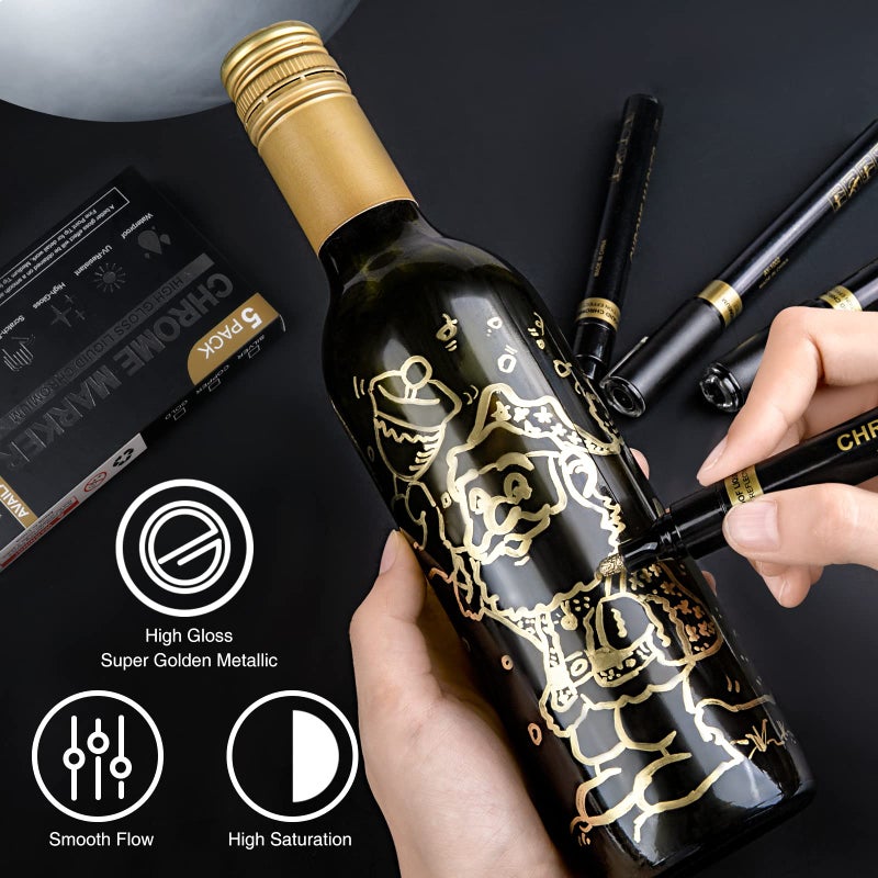 KERIFI Liquid Gold Chrome Markers, Supper Golden Metallic Paint Pens, Reflective Gloss Permanent Mirror Markers for Model Repairing, Resin Metal Glass Plastic, DIY Art Projects Crafts (5 Pack, 1-3mm) - Image 2