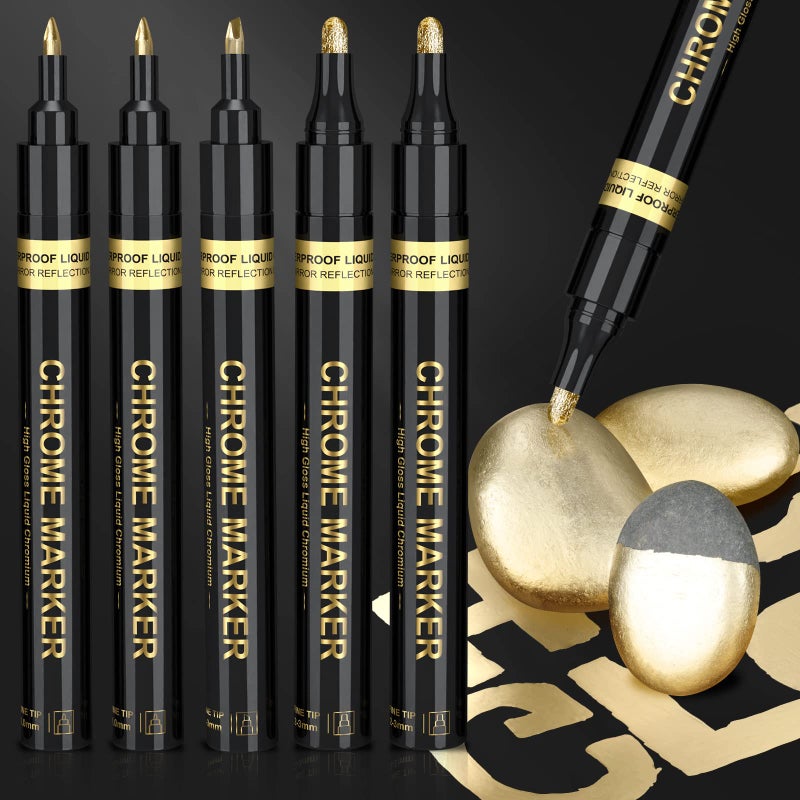 KERIFI Liquid Gold Chrome Markers, Supper Golden Metallic Paint Pens, Reflective Gloss Permanent Mirror Markers for Model Repairing, Resin Metal Glass Plastic, DIY Art Projects Crafts (5 Pack, 1-3mm) - Image 1