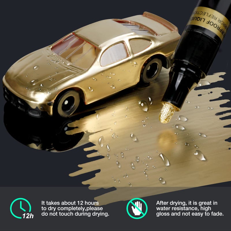 KERIFI Liquid Gold Chrome Markers, Supper Golden Metallic Paint Pens, Reflective Gloss Permanent Mirror Markers for Model Repairing, Resin Metal Glass Plastic, DIY Art Projects Crafts (5 Pack, 1-3mm) - Image 3
