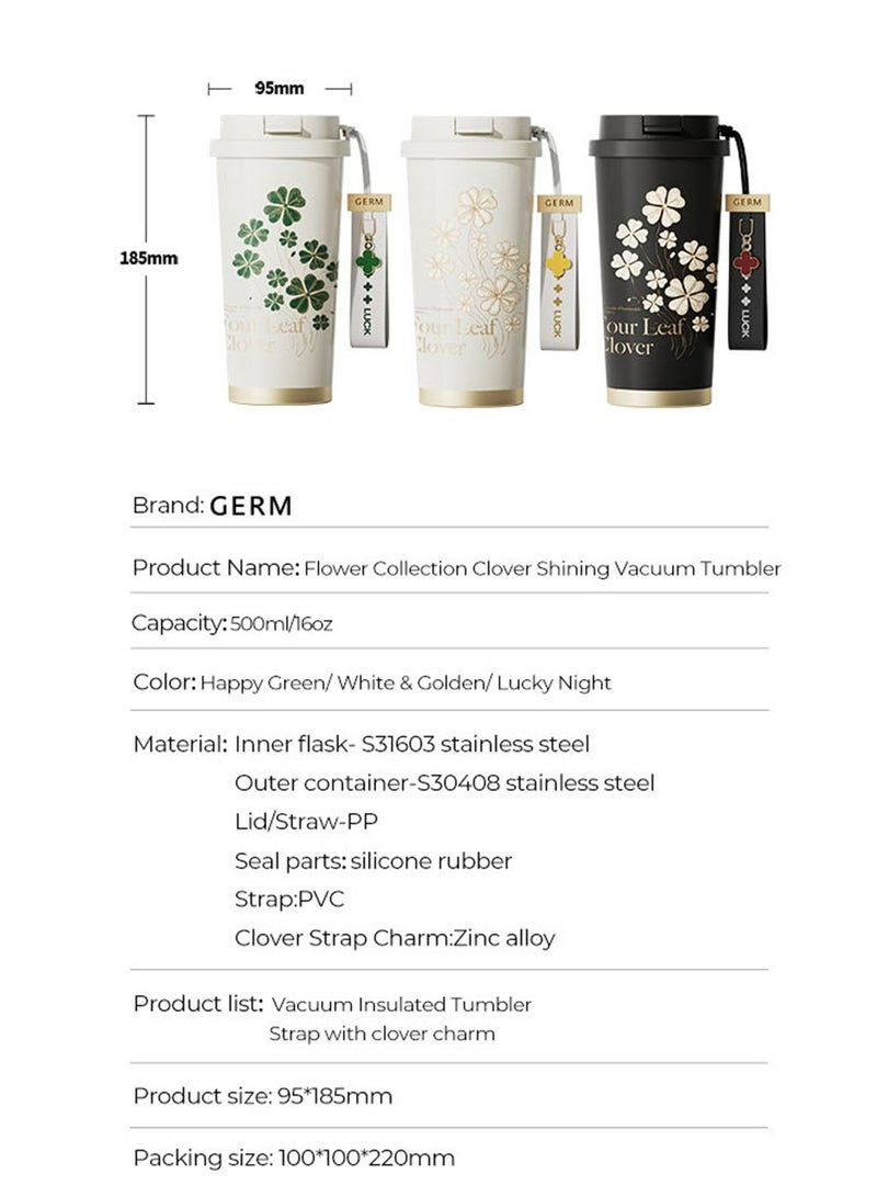 GERM Happy Green Coffee Tumbler 500ml | GERM Clover Shining Series Stainless Steel Vacuum Flask with Straw Lid | BPA-Free Leak-Proof Insulated Travel Cup | Hot & Cold Reusable Mug for Office, School & Daily Use - Image 2