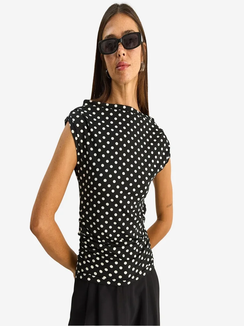 Bianco Lucci LUCCI Fitted Cowl Neck Polka Dot Blouse