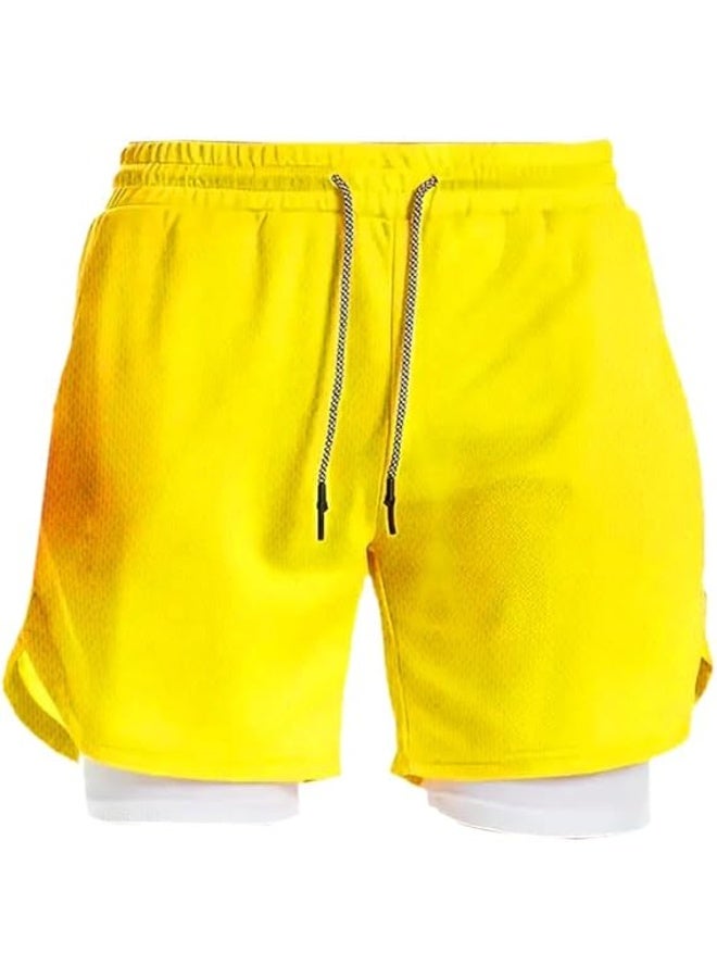 VITION Gym Shorts for Men, Men's Activewear Running Shorts,Drawstring Gym Shorts Men, 2 Layer Loose Athletic Shorts with 4 Pockets (Medium, Yellow) - Image 1