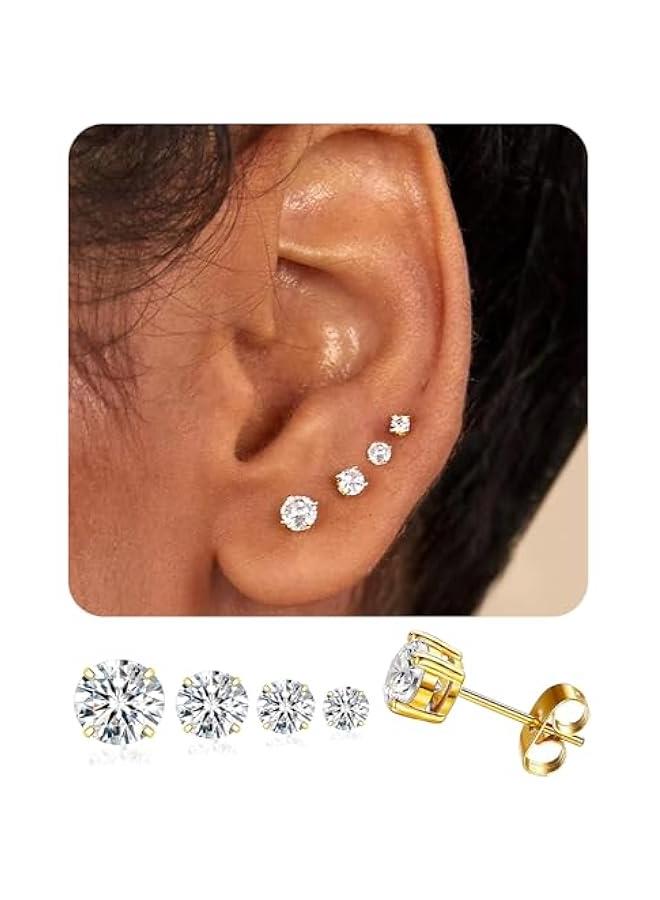 Arabest 4Pairs Gold Studs Earrings Set for Women Men,20G Hypoallergenic Gold-Plated Stainless Steel Studs Earrings 3-4-5-6mm Cubic Zirconia Simulated Diamond Round CZ Cartilage Earrings for Sensitive Ears  - Image 1