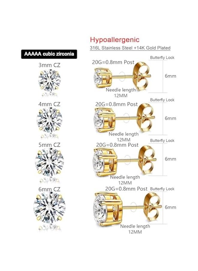 Arabest 4Pairs Gold Studs Earrings Set for Women Men,20G Hypoallergenic Gold-Plated Stainless Steel Studs Earrings 3-4-5-6mm Cubic Zirconia Simulated Diamond Round CZ Cartilage Earrings for Sensitive Ears  - Image 2
